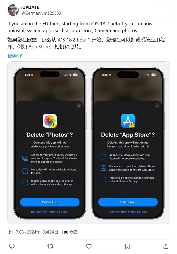 贵南苹果手机维修分享iOS 18.2 支持删除 App Store 应用商店 