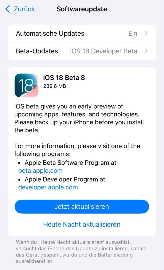 贵南苹果手机维修分享苹果 iOS / iPadOS 18 开发者预览版 Beta 8 发布 